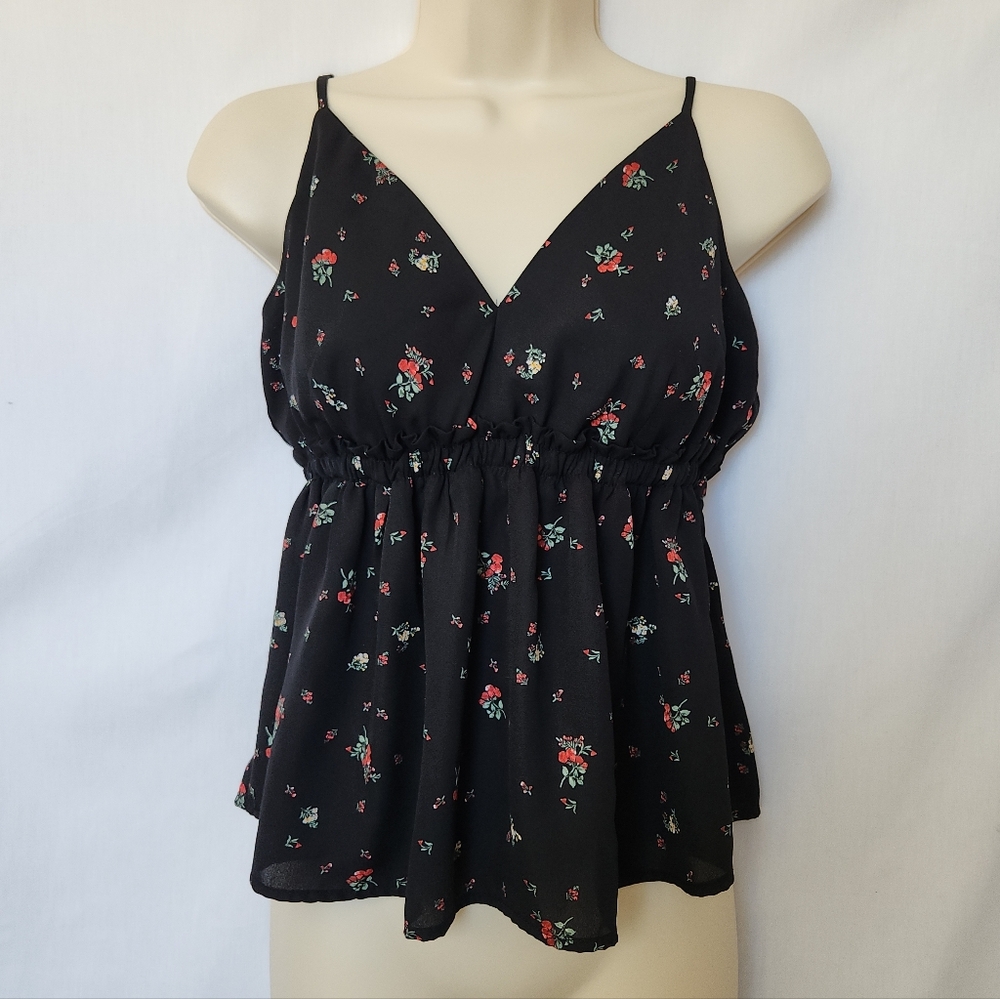 Active USA Black Floral Babydoll Cami Spaghetti Boho Y2K Flowy Tank Top M
